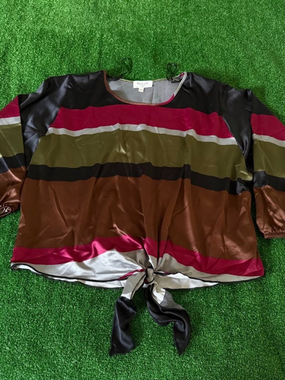 Kim & Cami Satin Striped Tie-Front Blouse Boho Earth Tones 3/4 Balloon Sleeve L